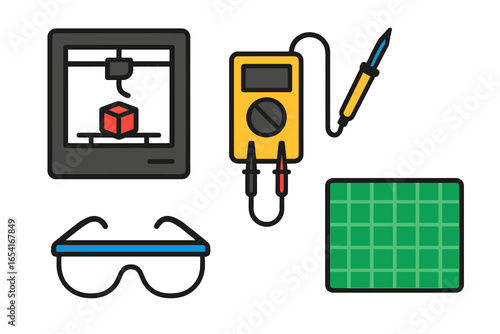 Modern flat design collection of electronics and crafting tools including 3D printer, multimeter, soldering iron, safety glasses, and grid paper