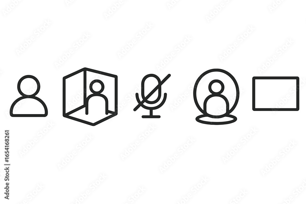 Fototapeta premium Minimalist outline icons for user profiles, video calls, and muted microphone on dark background