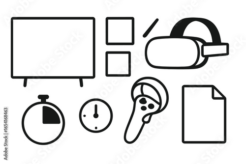 VR headset, game controller, stopwatch, and clock icons on dark background, symbolizing technology and time management