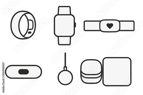 Modern wearable tech gadgets and accessories like smartwatches and fitness trackers in a clean, minimalist style on a dark background
