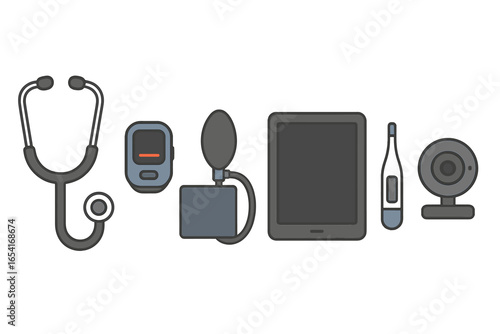Medical diagnostic equipment and digital devices arranged horizontally on a dark background, featuring stethoscope, blood pressure monitor, tablet, thermometer, and webcam