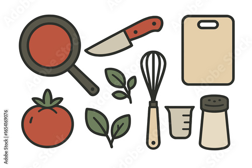 Assorted kitchen utensils and ingredients like a frying pan, knife, tomato, and herbs in a clean flat design