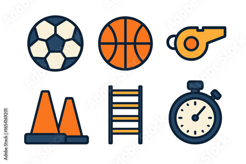 Diverse sports equipment icons: soccer ball, basketball, whistle, cones, agility ladder, stopwatch on dark background