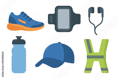 Assorted running gear and accessories with glowing effects, featuring shoe, water bottle, armband, cap, earphones, and safety vest