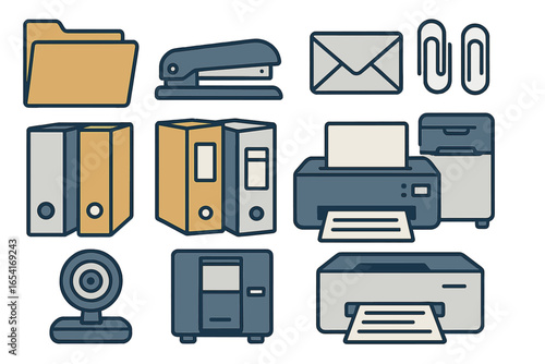 Flat design office supplies and equipment set with folders, binders, stapler, envelope, paper clips, printers, and webcam