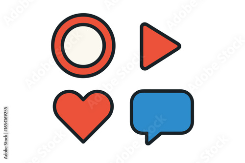 Four stylized icons: circle, play button, heart, speech bubble on dark background with subtle lighting