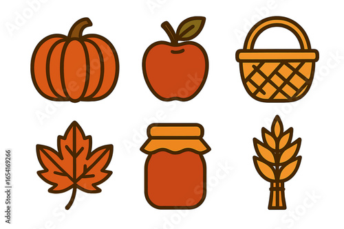 Autumn harvest icons: pumpkin, apple, basket, maple leaf, jam jar, wheat sheaf in warm, glowing style