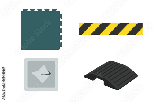Safety and construction elements: interlocking floor tiles, hazard tape, speed bump, and graphic icon on dark background