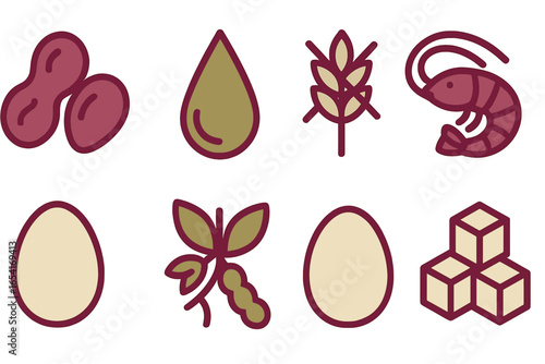 Common food allergy icons: peanuts, eggs, shrimp, gluten-free wheat, soybeans, sugar cubes on dark background