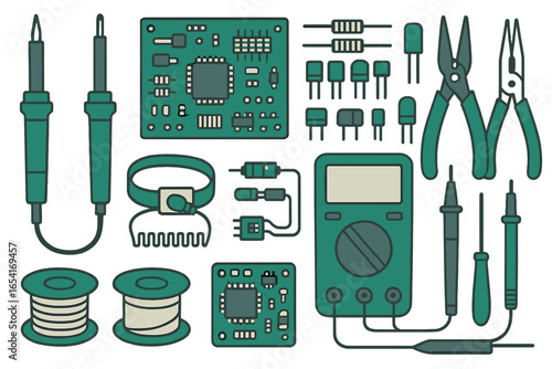 Flat design vector illustration of electronic components and tools for soldering and circuit board assembly