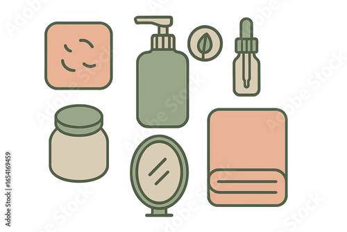 Minimalist flat design of skincare and beauty products: serum dropper, lotion dispenser, jar, cotton pads, mirror, and towel