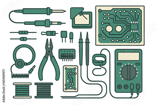 Electronic components and tools for circuit board repair and assembly, featuring soldering iron, multimeter, and resistors