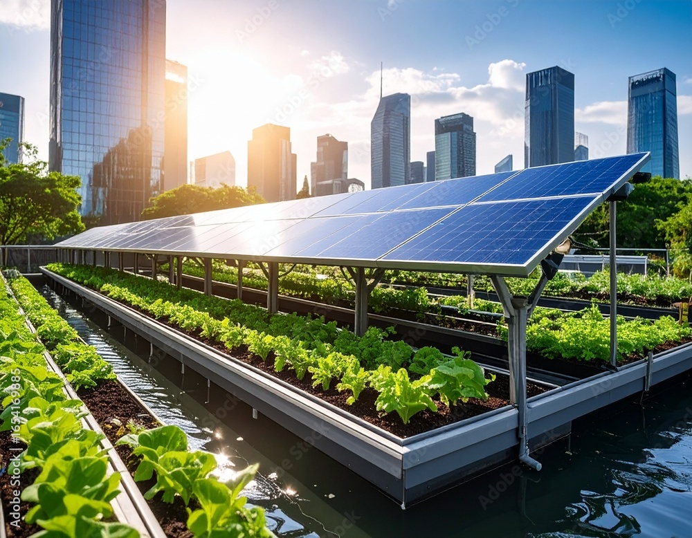 Fototapeta premium „Sustainable urban farming with vertical gardens, solar energy, and hydroponics.“