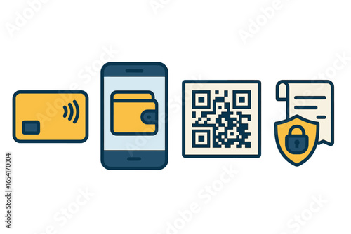 Modern digital payment icons: contactless card, mobile wallet, QR code, secure transaction receipt