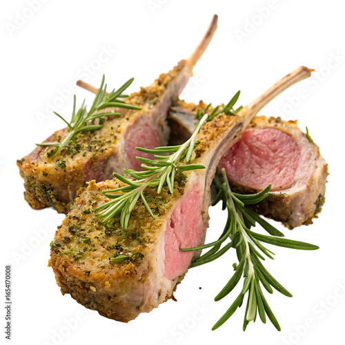 Sliced herb crusted lamb chops isolated on a transparent background