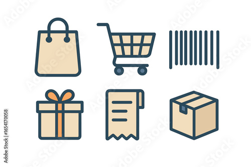 Six commerce and delivery icons: shopping bag, cart, barcode, gift box, receipt, package on dark background