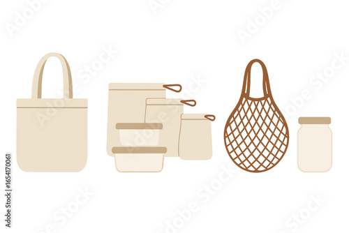 Eco-friendly reusable shopping bags, food containers, and produce bags for zero-waste grocery shopping