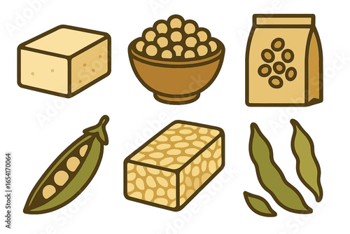 Stylized soy products and ingredients like tofu, tempeh, and soybeans in a warm, earthy color palette