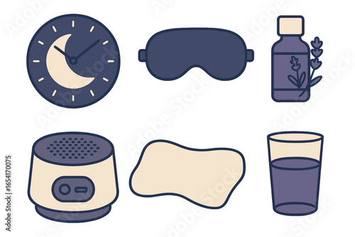 Sleep aids collection: clock, eye mask, lavender oil, sound machine, pillow, and water glass on dark background