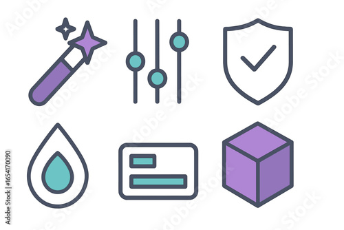 Modern flat icons for digital services and tools, featuring magic wand, sliders, shield, droplet, credit card, and cube