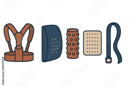 Fitness and recovery tools: posture corrector, foam roller, massage ball, resistance band in modern graphic style