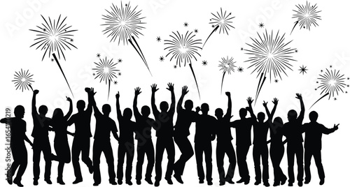 A crowd of people are celebrating with fireworks in the night sky, filled with joy and excitement
