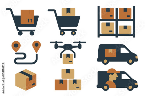 Modern Logistics and Delivery Icons: Shopping Cart, Drone, Van, Warehouse Shelving with Packages