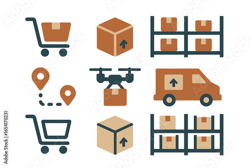 Modern logistics and delivery icons: shopping cart, drone, van, package, warehouse shelving with glowing effect