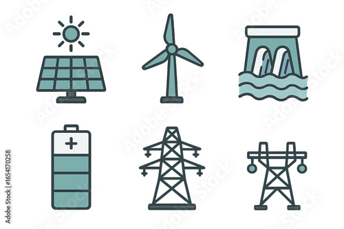 Renewable energy sources and power transmission infrastructure icons: solar, wind, hydro, battery, and power lines