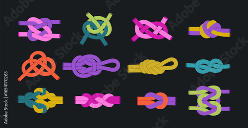 Set of different rope knots. Twisted, tied complex cord knots. Decorative braiding, lacing, sea loops. Hand drawn vector illustration isolated on black background, modern flat cartoon style.