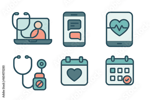 Modern medical icons for telehealth, health monitoring, and appointment scheduling