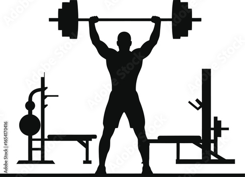 Silhouette illustration of a weightlifter lifting a barbell in a gym, the man is exercising with fitness equipment
