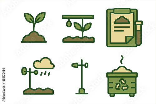 Modern agricultural icons for plant growth, irrigation, soil testing, weather, and composting