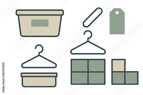 Stylized storage containers, hangers, and tag in flat design with muted colors and gradient background