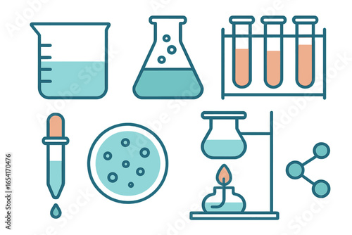 Scientific laboratory equipment and glassware collection with beakers, flasks, test tubes, and Bunsen burner in a stylized blue-green glow