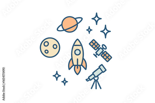Stylized space exploration icons: rocket, satellite, telescope, moon, ringed planet, and stars on dark glowing background