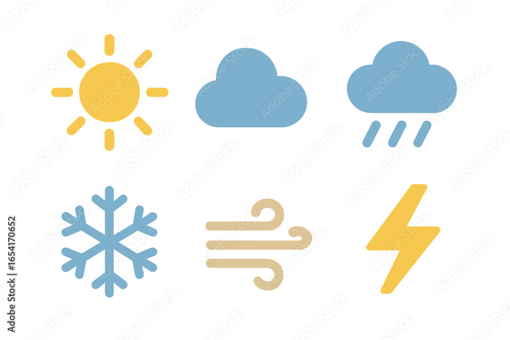 Fototapeta premium Stylized weather icons with neon glow effect, featuring sun, clouds, rain, snowflake, wind, and lightning