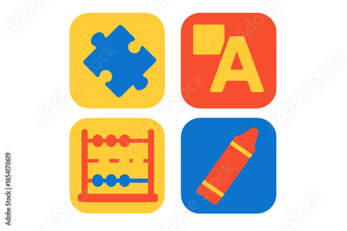 Colorful educational icons for learning and development, featuring puzzle piece, alphabet, abacus, and crayon