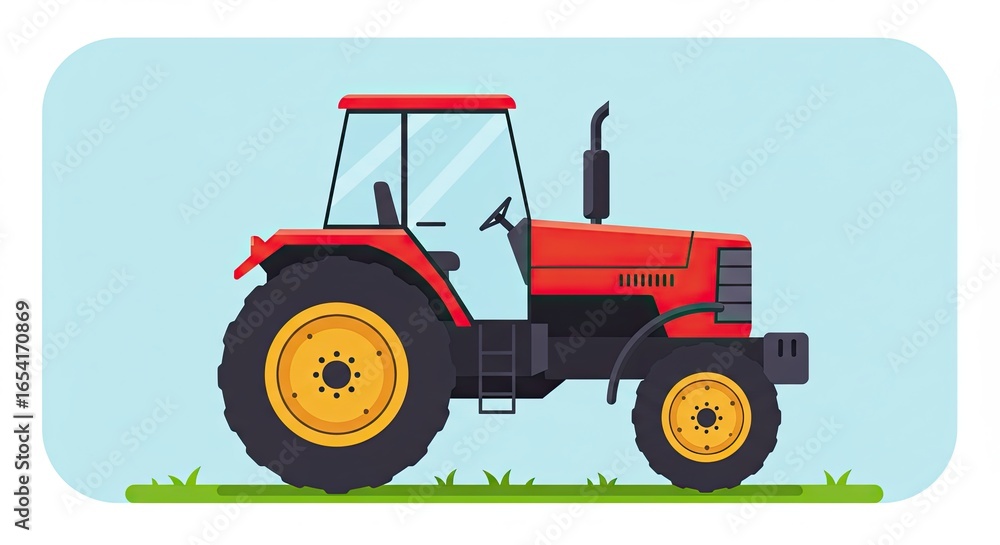 Obraz premium Red Farm Tractor on Green Grass Against Light Blue Sky