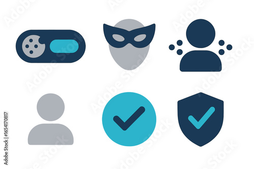 Cybersecurity and privacy icons: cookie consent, hacker, user profile, security shield with checkmarks