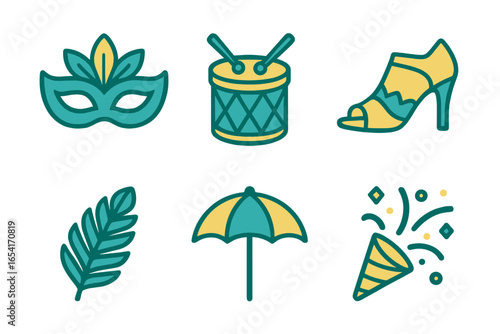 Stylized carnival icons: masquerade mask, drum, high heel, feather, umbrella, party popper on gradient background