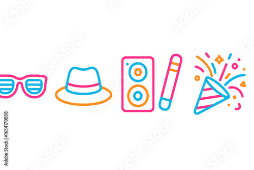Vibrant neon party icons: sunglasses, fedora, speaker, glow stick, party popper on dark background