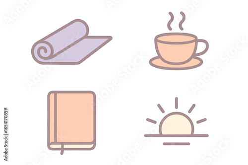 Four morning routine icons: yoga, coffee, book, sunrise, with soft glow on textured background