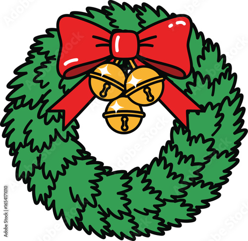 Christmas Wreath with Bells, Festive Holiday Wreath Clipart, Green Christmas Wreath Illustration, Xmas Wreath Design Element, Holiday Bell Wreath Graphic
