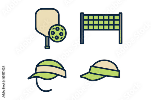 Pickleball paddle, ball, net, and sports caps icons for active lifestyle and outdoor recreation