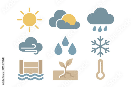 Diverse weather icons for sun, clouds, rain, wind, snow, and temperature, symbolizing atmospheric conditions and climate