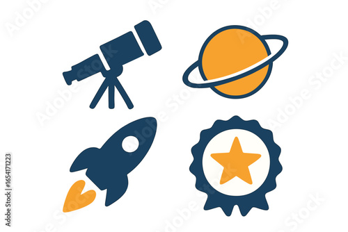 Stylized space exploration icons: telescope, ringed planet, rocket, star award on gradient background