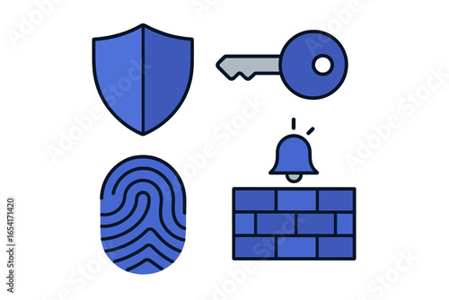Digital security icons shield key fingerprint alarm bell on brick wall for protection and access control
