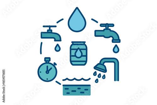 Water conservation cycle with icons for taps, shower, stopwatch, and water drops, emphasizing resource management and saving water