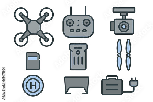 Stylized drone accessories and components icons: drone, controller, gimbal, propellers, battery, charger, and landing pad